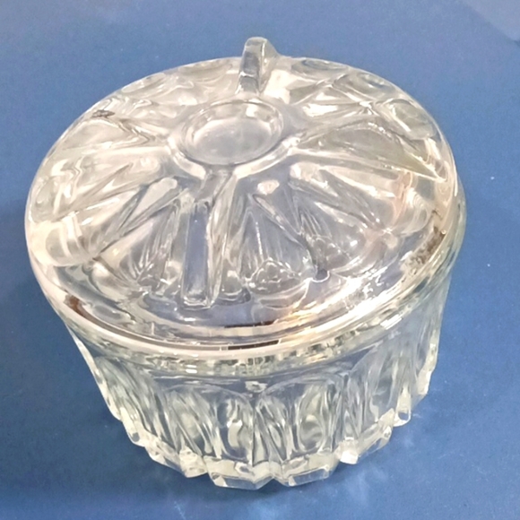 Vintage Mid-Century Clear Glass Powder Jar with Lidded Atomic Sunburst Base - Picture 2 of 7